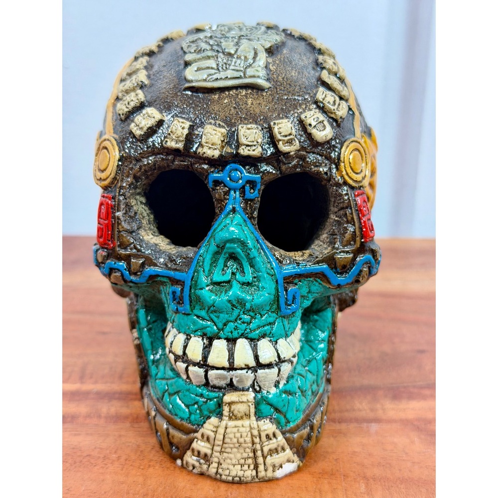 Aztec Mayan Skull Resin Sculpture Calavera Folk Art Day of the Dead Turquoise - Picture 1 of 14